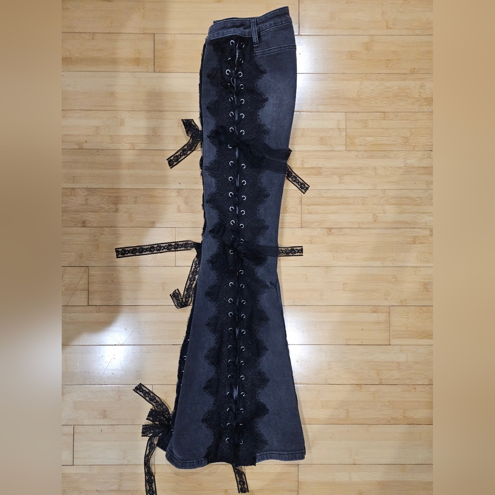 ~SOLD~Dolls Kill Current Mood Across The Crowd Gray Black Lace Up Flared Jeans S - Picture 6 of 10
